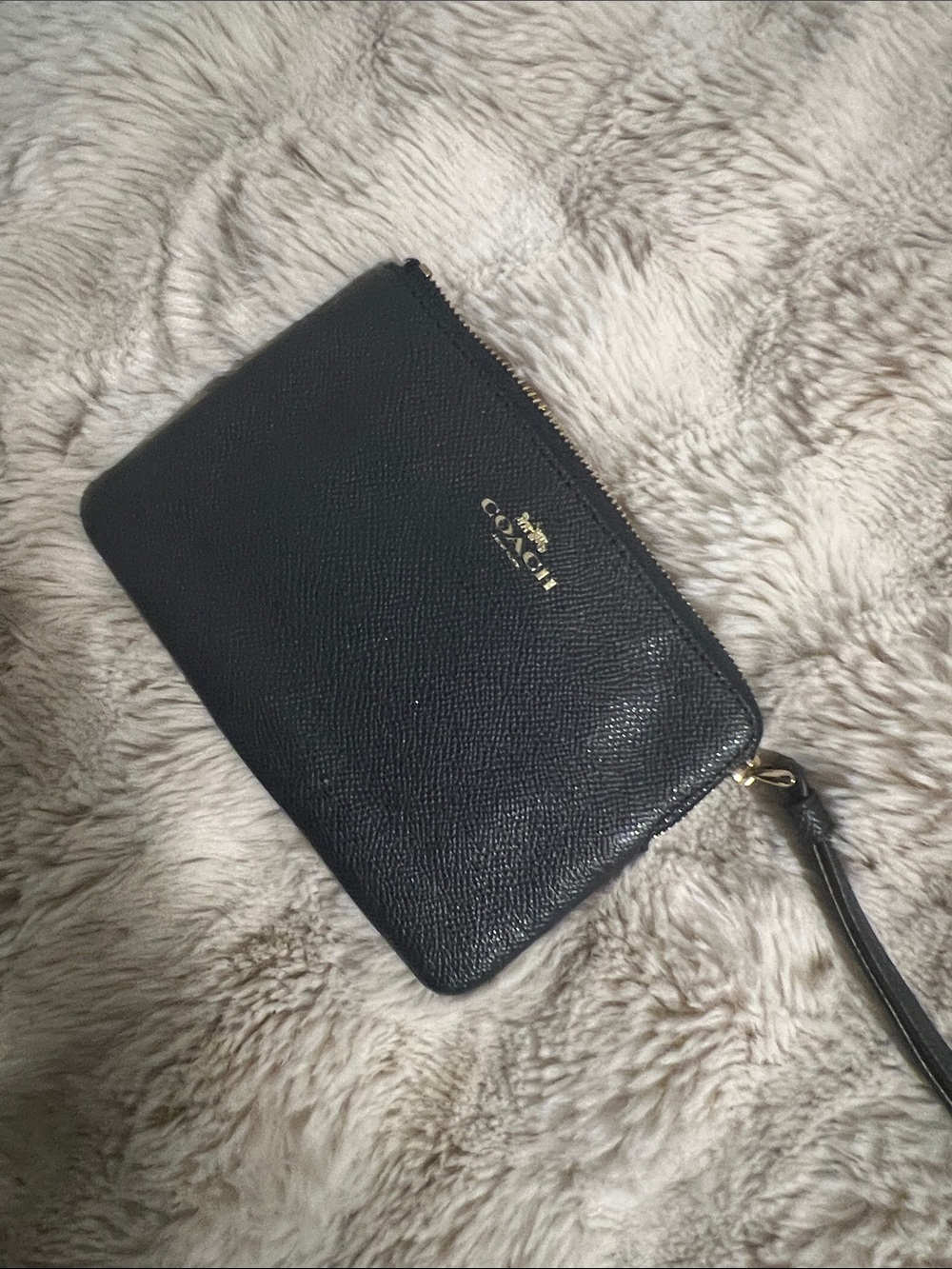 Coach Black Pebbled Leather Wristlet with Gold Logo